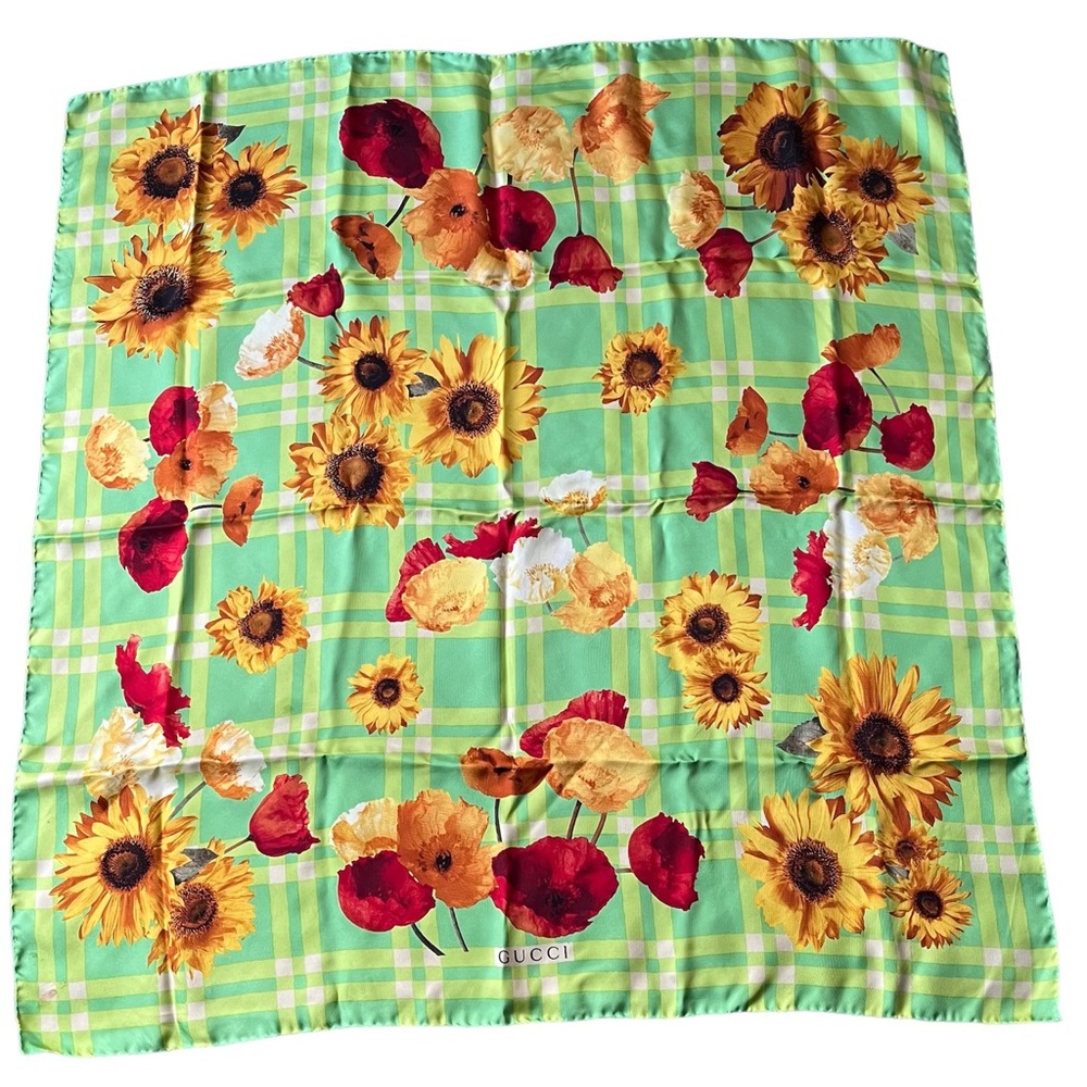 Gucci Vintage Silk Scarf Green Plaid with Sunflowers & Poppies Hand rolled edge